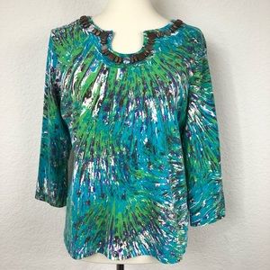 Ruby Rd Green/Blue 3/4 Sleeve Beaded Blouse Sz L
